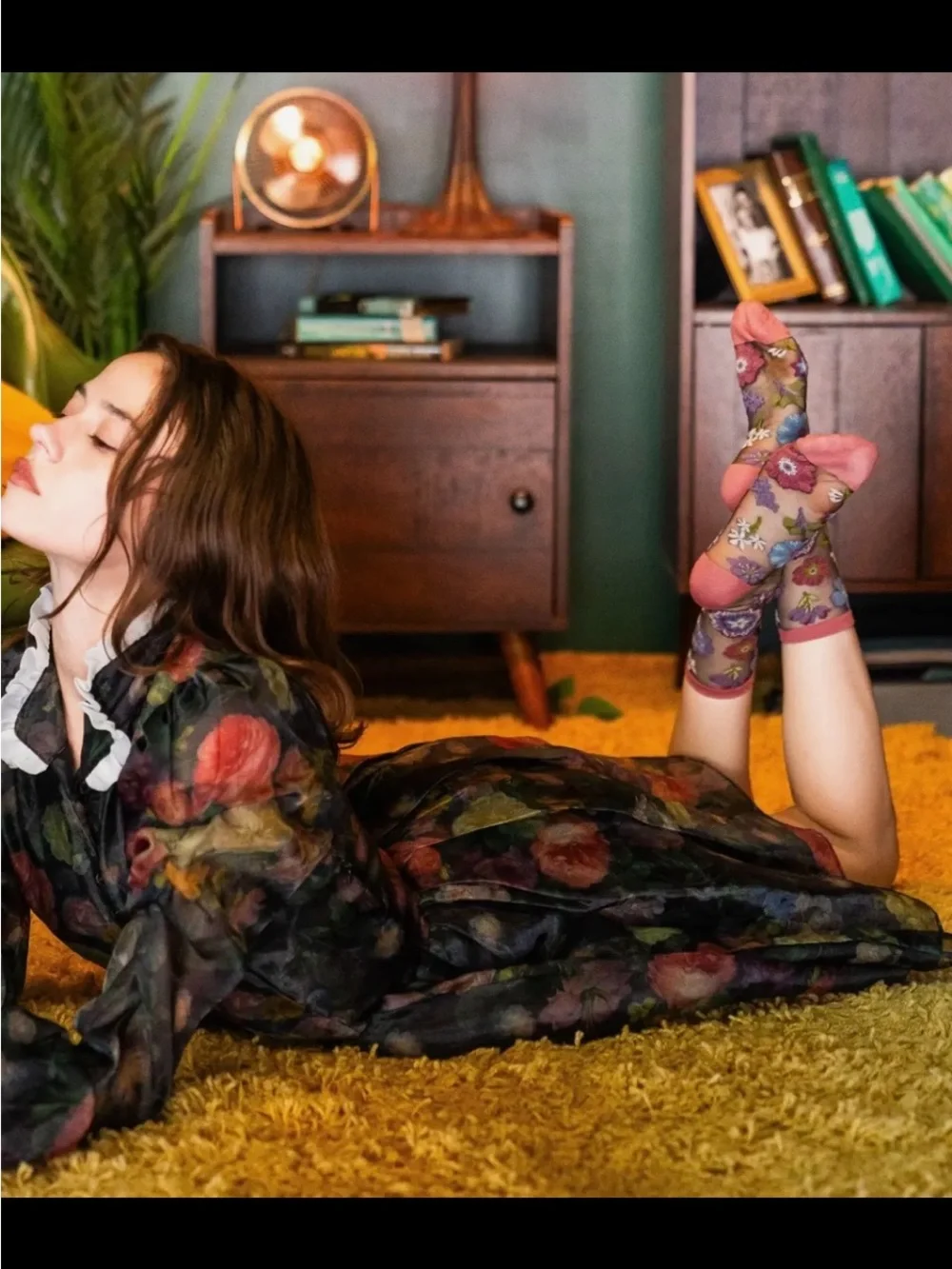 Sock Candy Dark Florals Black Sheer Crew Sock. Price firm.